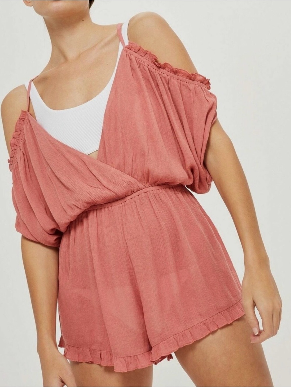 Topshop Boho Cold Shoulder Dusty Rose Playsuit Romper -Coquette Beach Cover Up